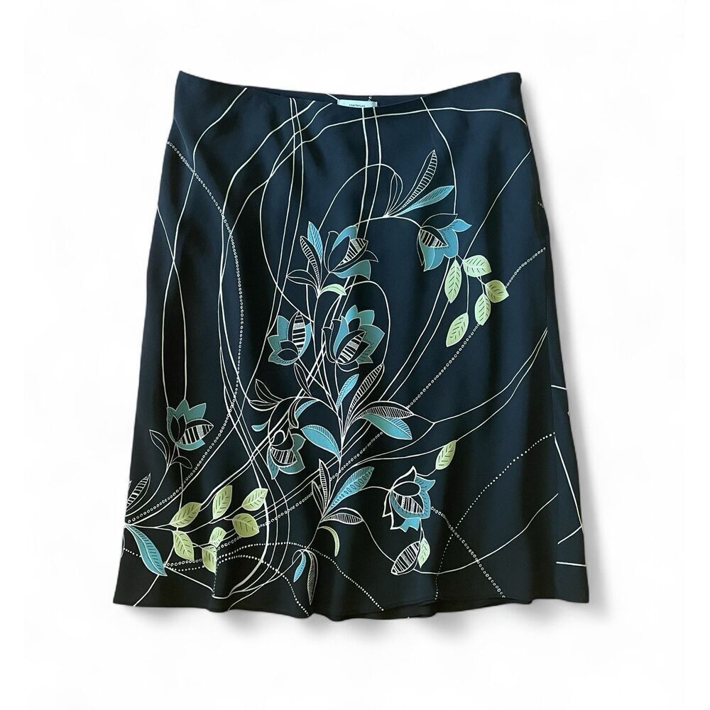 Loft Women's Black Silk Skirt Size 6 Blue & Yellow Floral Print Lined Size 10